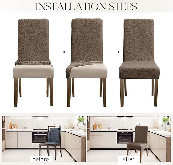 MOSAYT 100% Waterproof Dining Room Chair Covers Set of 6, Super Fit Stretch Jacquard Parson Chairs Slipcovers Removable Washable Chair Seat Protectors for Home, Kitchen, Banquet (Taupe)
