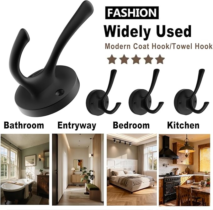 Black Wall Hooks Towel Hooks, 3 Pack Coat Hooks Robe Hook Heavy Duty Metal Double Bath Hook Wall Mounted, Hand Towel Hooks for Entryway Bathroom Kitchen Closet Garage