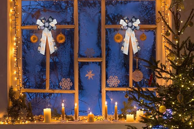 Hying Large LED Christmas Bows for Wreath, Merry Christmas LED Wreath Bow White Snow Burlap Bows with LED Lights Xmas Tree Topper Bows for Front Door Happy New Year Christmas Party Decoration Supplies