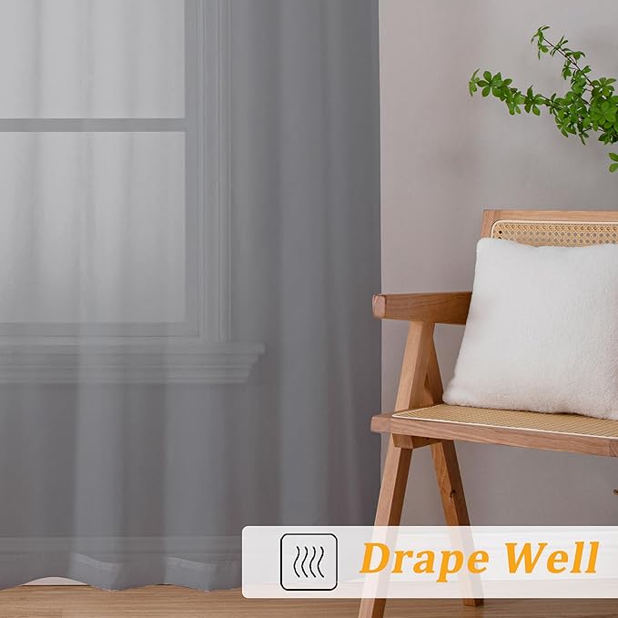 Gwine Charcoal Grey Sheer Curtains for Bedroom 54 inches Long 2 Panels, Light Filtering Voile Rod Pocket Curtains, Airy Transparent Sheer Drapes for Living Room, Each 42" Wx54 L