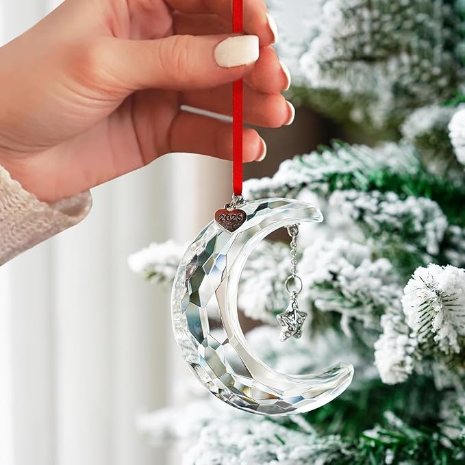 H&D HYALINE & DORA 2025 Christmas Moon Ornament Crystal Christmas Moon Hanging Ornament Clear Crystal Suncatcher Ornament for Xmas Winter Party Home Decor