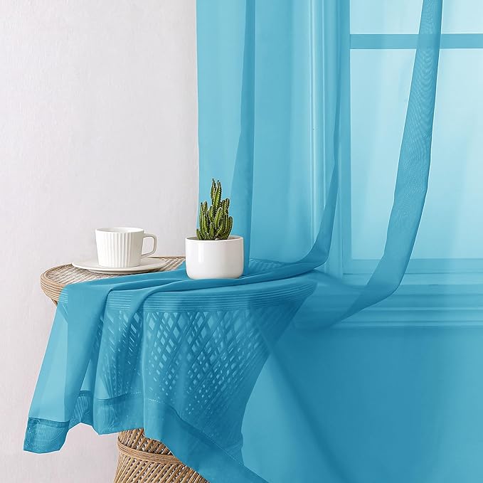 Lecloud Turquoise Sheer Curtains 96 Inches Long 2 Panels, Elegant Gauzy Airy Light Filtering Curtain, Voile Home Decor Drapes with Dual Rod Pocket for Bedroom Living Room, Each 42" W x 96" L