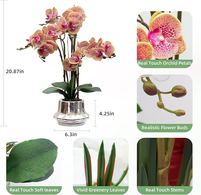 CXGS Artificial Orchid Flower Plant 20.9'' Real Touch Faux Orchids in Ceramic Vase Purple Dapple Fake Phalaenopsis Flower Arrangement Silk Orchids with Stems for Centerpiece Table Home Indoor Decor