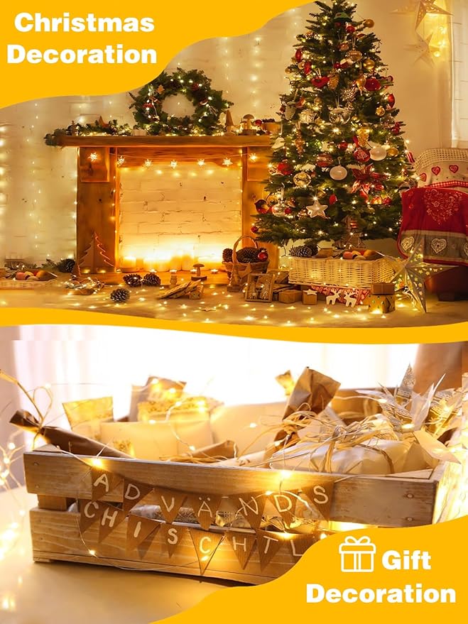 2 Pack 200LED Christmas Battery Operated Fairy Lights with Remote, 8 Modes String Light with Timer, Dimmable, Memory Function, Waterproof Twinkle Lights for Outdoor Indoor Christmas Decor(Warm White)