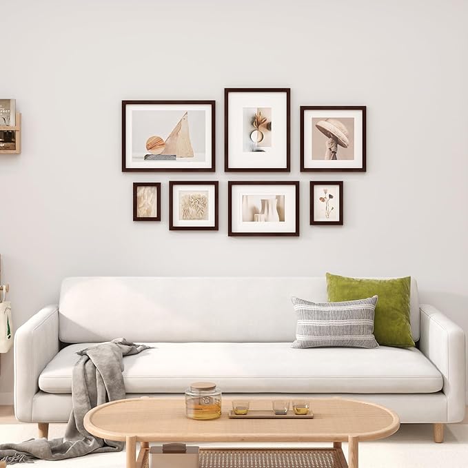 Egofine 8x8 Picture Frames Made of Solid Wood with Plexiglass, Display Pictures 4x4/6x6 with Mat or 8x8 Without Mat Set of 4 for Tabletop and Wall Mounting, Walnut Color