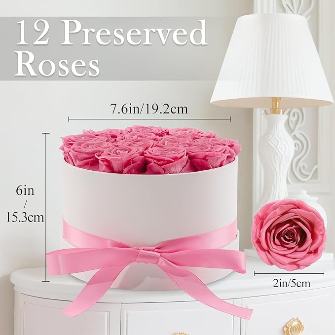 Preserved Roses in a Box, Blooming Real Roses Decor, Eternal Flowers for Delivery Prime, Best Gifts Birthday, Wedding, Anniversary, Mother's Day for Her, 12-Pieces (Pink)