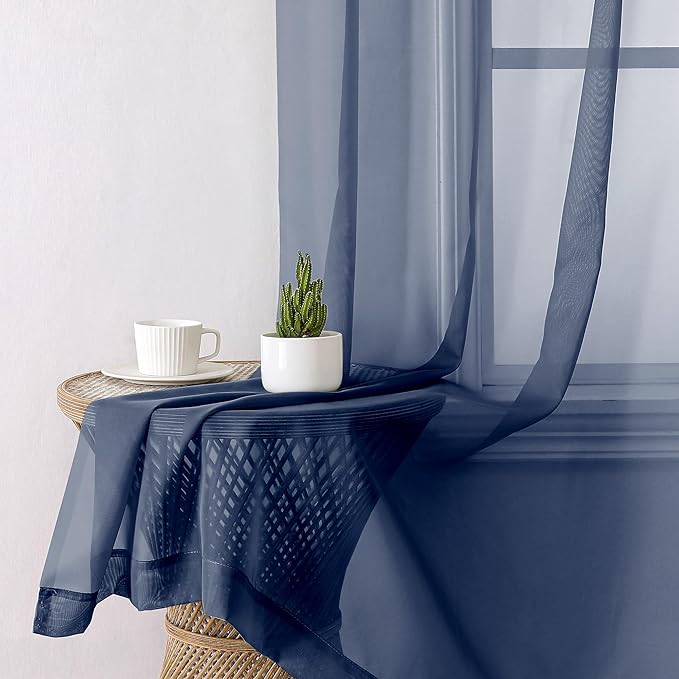 Lecloud Navy Blue Sheer Curtains 90 Inches Long 2 Panels, Light Filtering Voile Airy Curtains, Balance Light Privacy Window Treatments with Dual Rod Pocket for Bedroom Laundry Room, Each 42" W x 90" L