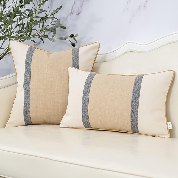 Yangest Patchwork Pillow Cover 12x20 Inch Luxury Cotton and Linen Cushion Cover Rectangle Pillowcover for Couch Bedroom Living Room,Khaki