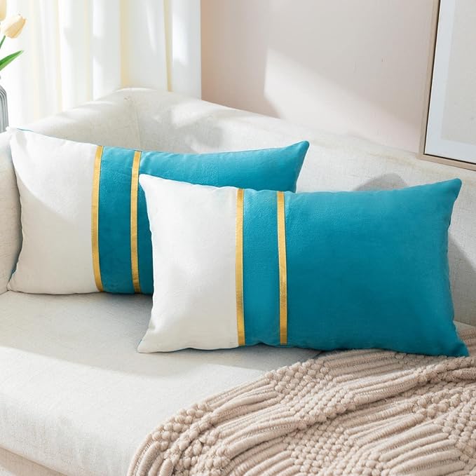ZLINA Set of 2 Velvet Decorative Lumbar Pillow Covers Lake Blue White Patchwork with Gold Leather Pillow Covers 12 × 20 Inch Cushion Covers Decor Living Room Sofa Bedroom Car
