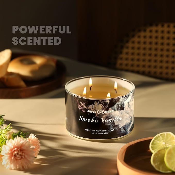 Smoke Vanilla Scented Candles, 18oz Soy Candles Non Toxic 4-Wick Large Candle Jars, Over 50 Hours of Burning Time, Ideal for Gifting, Events, Home Decor