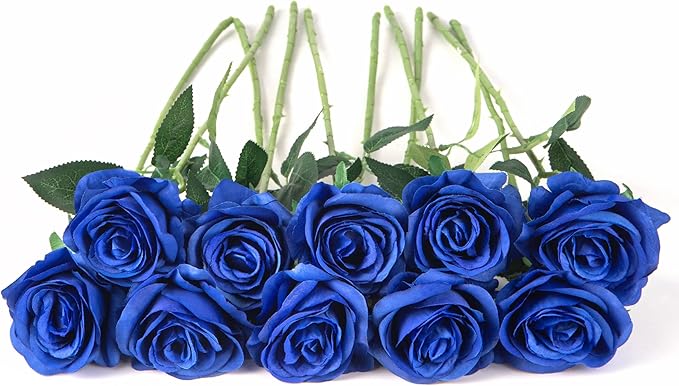 Flojery 10pcs Royal Blue Silk Roses Artificial Rose Flowers Long Stem for DIY Wedding Bouquet Table Centerpiece Home Decor (Royal Blue)