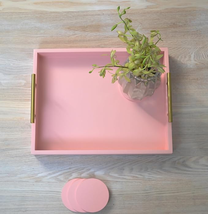 Serving Tray 16.5“X 13“Deluxe Wooden Ottoman Tray for Coffee Table with Polished Gold Metal Handles and 4 Coasters, Living Room Bathroom Coffee Bar Organizer Modern Decorative Pink Tray