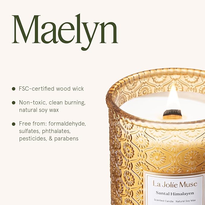 LA JOLIE MUSE Santal Himalayen Candle - Sandalwood, Fig & Amber |19 oz Large Wooden Wick Candle | Natural Soy Wax | 90 Hours Clean Burn | Gift-Ready for Hosts & Gatherings | Elegant Home Décor
