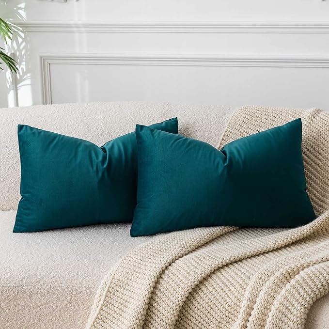 JUSPURBET Velvet Pillow Covers 16x24 Inch Set of 2 Decorative Lumbar Throw Pillow Covers for Couch Sofa Bed Soft Thick Velvet Cushion Cases with Hidden Zipper for Home Decor,Peacock Blue