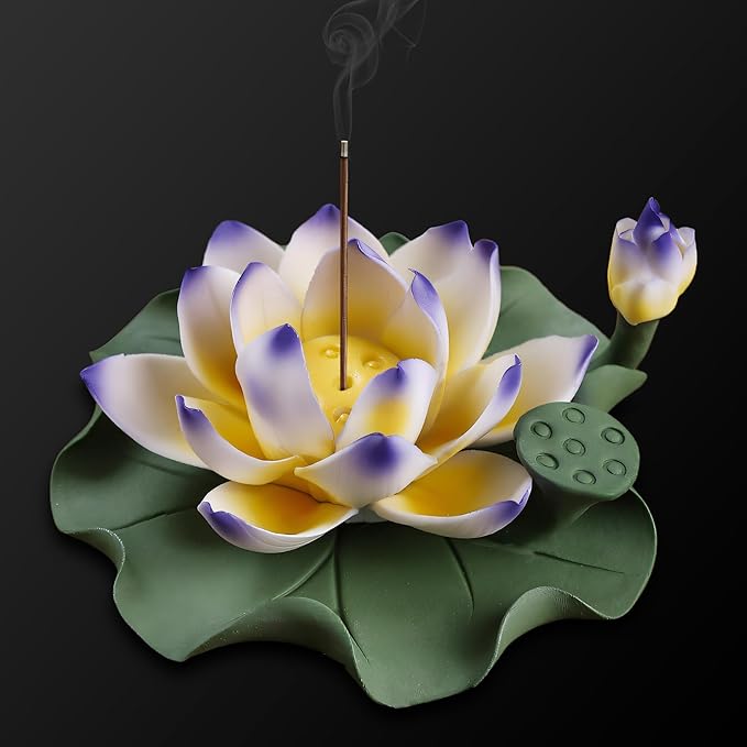 Lotus Incense Burner - Incense Burner Holder for Home Incense Holder Decor Incense Holder for Sticks Yoga, SPA (Z7-Blue-Yellow)