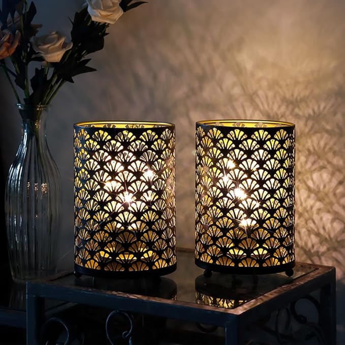TRIROCKS Set of 6 Table Lamp 6.5'' Tall Metal Cordless Table Lamp Bronze Lanterns with Warm Fairy Lights Bulb for Patio Garden Wedding Parties Indoor Outdoor(Scalloped Hollow Pattern)