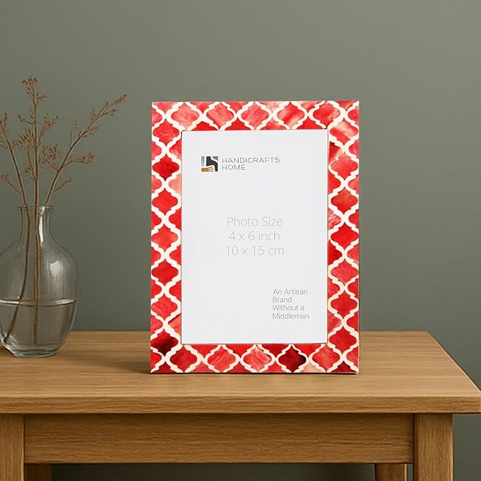 Handicrafts Home Handmade Decorative 4x6 Picture Frame | Unique Boho Chic Home Decor | Moroccan Art Inspired Red Photo Frame for Wall & Tabletop, Colorful Frames for Living Room, Office Decor & Gift