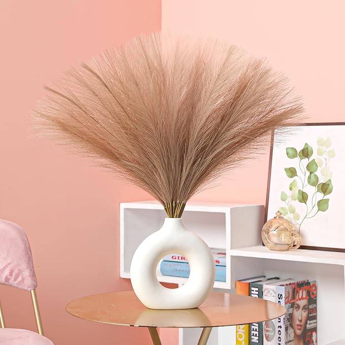 Faux Pampas Grass Decor 17.7 Inch 30pcs, Artificial Pampas Grass Fluffy Home Decor, Short Vase Room Decor pompous Grass Flower Arrangement for Boho Home Wedding Decoration (Light Brown)