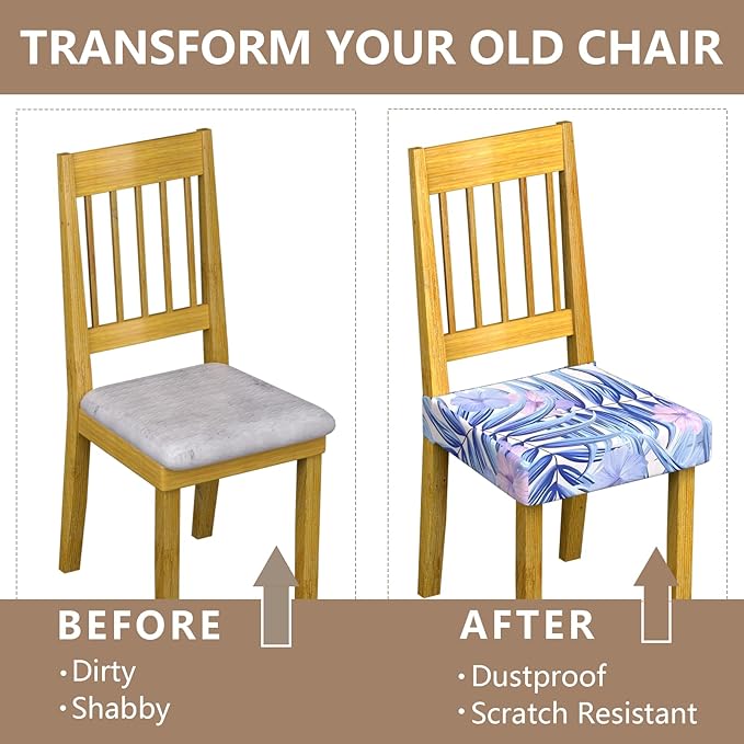 Stretch Dining Chair Seat Covers Set of 6,Dining Chair Slipcovers, Floral Printed Chair Covers,Soft Fabric Washable Upholstered Chair Seat Protector, No Rear Covers for Home Kitchen Dining Room