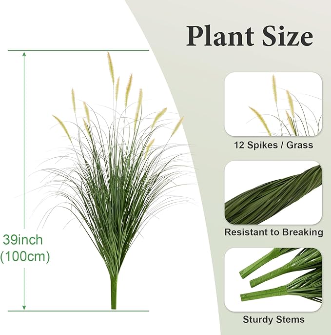 39 inches Extra Lush Artificial Reed Grass (6pcs), Luxury Fake Tall Plants with 12 Heads Dogtail Flower, Luxury Faux Tall Greenery with Dogtail for Garden Porch and Home Decor (Pink-12)