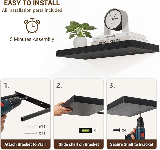 24 Inch Floating Shelves, 24"x9.25"x1.5" Inch Deep Floating Shelves for Wall, Wooden Shelves for Bathroom, Bedroom, Living Room, Black, 2 Pieces