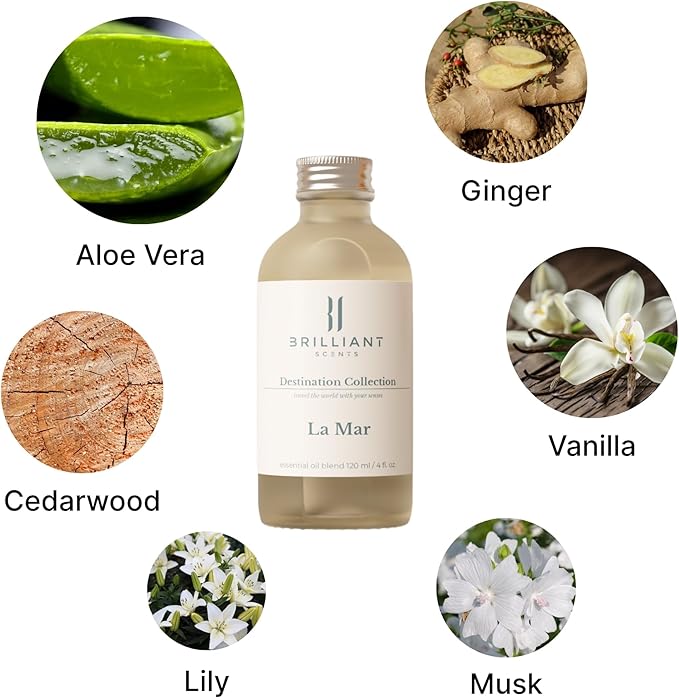 Brilliant Scents La Mar Fragrance Oil 120ml - Premium Diffuser Oil for Home, Office, Hotels - Long Lasting, Plant-Based, Meets IFRA Standards, USA-Made - White Tea, Ginger, Musk