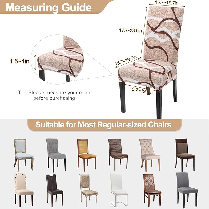 SearchI Dining Room Chair Covers Set of 4, Stretch Printed Parsons Chair Slipcovers Super Fit Spandex Removable Washable Kitchen Chair Protector Cover for Dining Room, Hotel, Ceremony (Khaki)