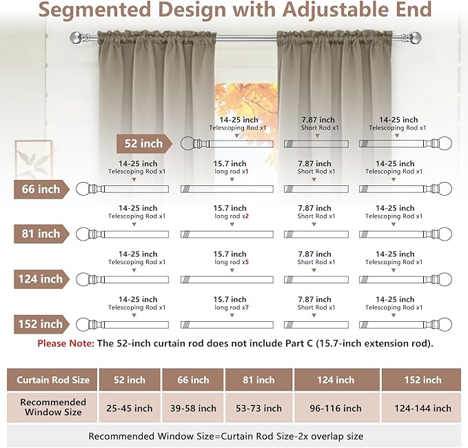 Silver Curtain Rod 66 Inch - 1 Inch Heavy Duty Curtain Rods for Windows - Adjustable Window Rod with Brackets for Bedroom, Living Room, Kitchen, Bathroom