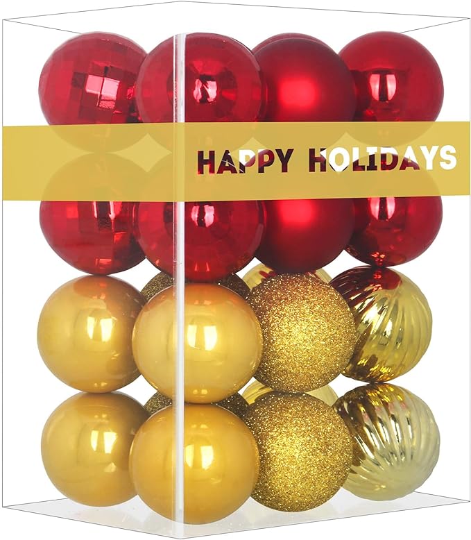 Red & Gold 2.5" Christmas Balls Christmas Tree Decoration Ornaments Shatterproof Hanging Balls for Birthday Halloween Holiday Wedding Decorations Set of 24pcs
