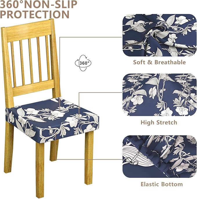 Stretch Dining Chair Seat Covers Set of 6,Dining Chair Slipcovers, Floral Printed Chair Covers,Soft Fabric Washable Upholstered Chair Seat Protector, No Rear Covers for Home Kitchen Dining Room