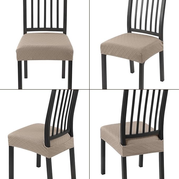 SearchI Stretch Dining Chair Seat Covers Set of 4, Soft Removable Washable Seat Covers for Dining Chairs, Dining Room Seat Cover Protector (Rear-Covered, Khaki Jacquard)