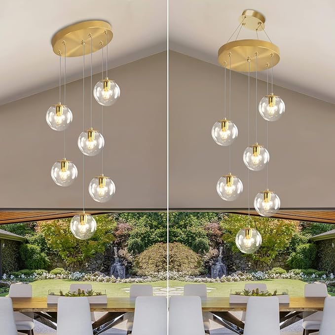 6-Light LED Staircase Modern Glass Globe Pendant Light Gold Chandeliers Large Chandeliers for High Ceilings, Entryway Lighting Fixture Villas and Stairs