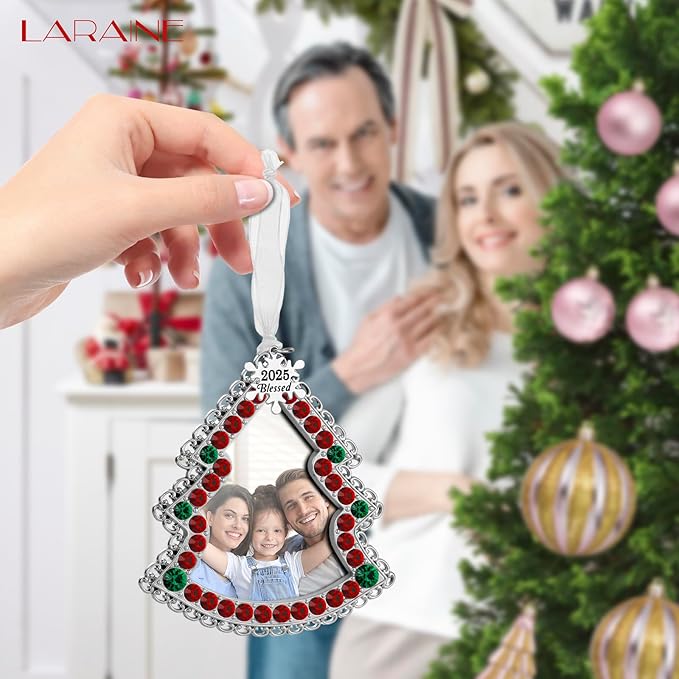 Laraine Christmas Tree Ornaments 3 Pieces – Decorative Hanging 2025 Rhinestones Pendant with Small Picture Frame Insert for Pet Holiday Keepsake Gift (Green&Red (2025))