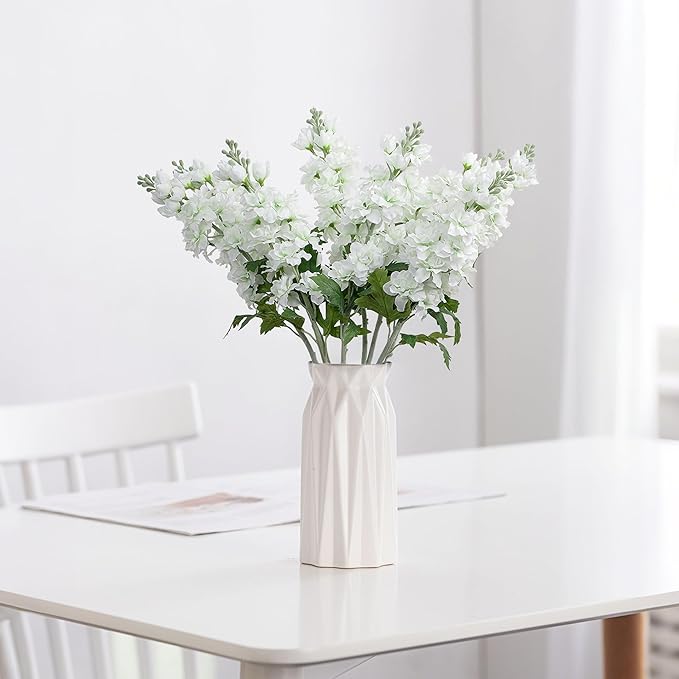 Fake Flowers Artificial Flowers Delphinium 8Pcs Fake Flowers 23.6” Long Stem Artificial Flowers for Tall Vase Silk Flowers UV protection for Home Decor Indoor Wedding Aisle Decor Spring Flower White