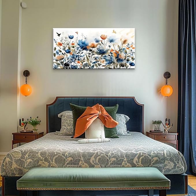 KZKU Watercolors Floral Canvas Wall Art Prints for Home Decor Living Room Dining Room Bedroom Office Wall Decor Multicolored Flowers Canvas Artwork Size：20x40inch