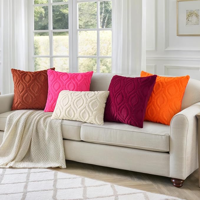 decorUhome Throw Pillow Covers 18x18 Inch Set of 2, Soft Plush Faux Wool Orange Solid Couch Pillow Covers, Accent Farmhouse Neutral Square Pillow Cases for Sofa Bed Living Room