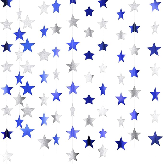 Patelai Glitter Star Garland Banner 2026 New Years Decor 130 Feet Star Hanging Banner Twinkle Backdrop for Birthday Classroom Wedding Christmas Party Supplies(Ocean Blue, Glitter Silver)