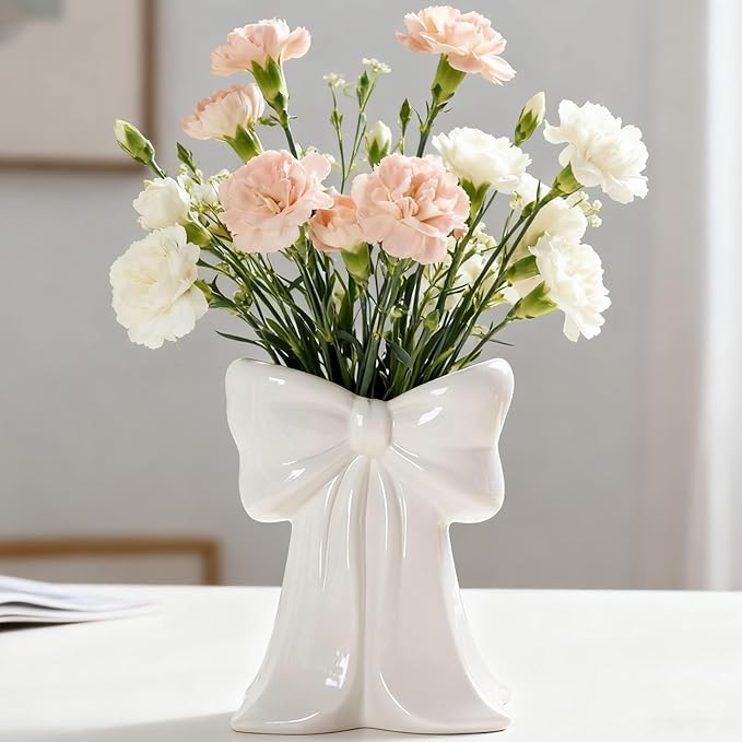 White Bow Vase Ceramic Vase Cute Decorative Vase Minimalist Farmhouse Tulip Flower Modern Home Decor for Table Bathroom Shelf Centerpieces