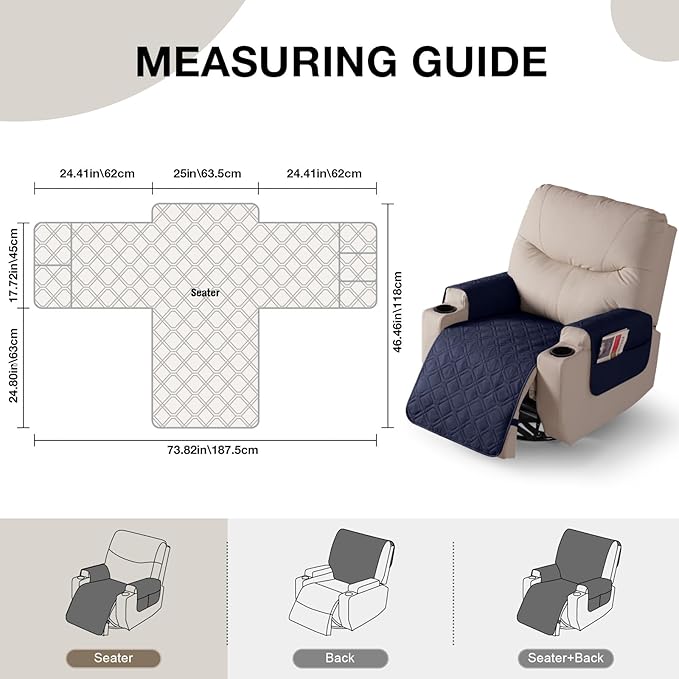 VANSOFY Recliner Chair Covers 100% Waterproof Seat Cover with Arm Reclining Cover Non-Slip Recliner Chair Covers Furniture Protector Washable Slipcover with Pocket for Pets, Dogs(Dark Blue, 25")