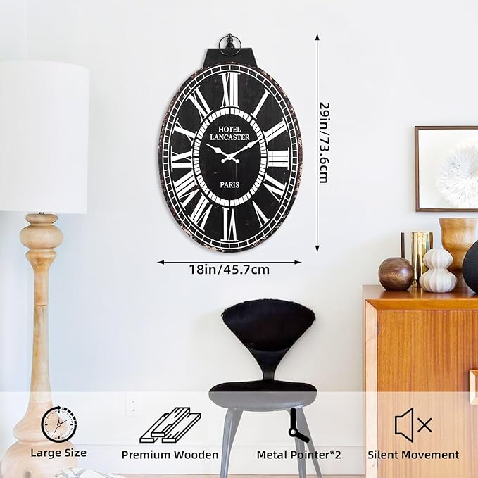MODE HOME 29-Inch Oval Wall Clock, Stylish France Wall Clock with Large Scale Roman Numerals Perfect for Living Rooms, Dining Room, Entryways