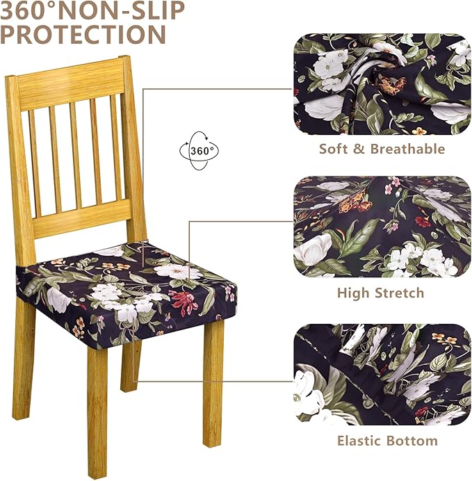Stretch Dining Chair Seat Covers Set of 2,Dining Chair Slipcovers, Floral Printed Chair Covers,Soft Fabric Washable Upholstered Chair Seat Protector, No Rear Covers for Home Kitchen Dining Room