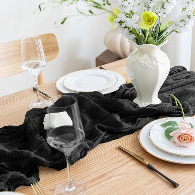 Asee'm Cheesecloth Table Runner Christmas 120 Inches Long Black Boho Gauze Cheese Cloth Runner 10FT Rustic Sheer Fall Table Runners for Thanksgiving Wedding Party Baby Shower Decoration