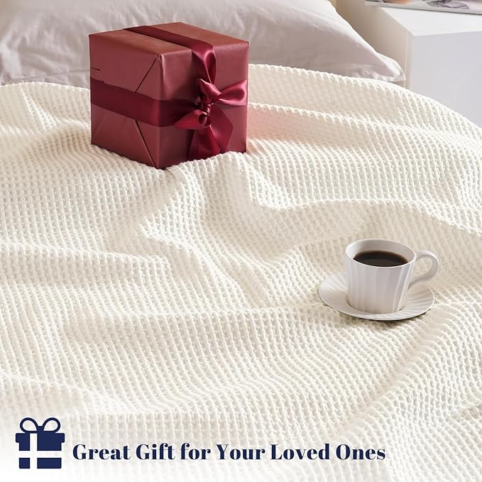 PHF 100% Cotton Waffle Weave Blanket Twin Size for Bed,Snag Proof Lightweight Breathable Moisture-Wicking Throw for Couch,Great for Layering in Cold Weather,Machine Washable,Home Decor Gift-Cream