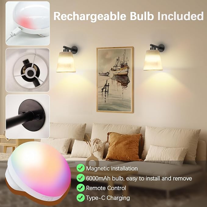 Battery Operated Wall Sconce Set of 2,Gold Rechargeable Wall Lights with Lampshade Dimmable RGB Bulbs and Remote,15 Colors Wireless Wall Lamps for Bedroom Living Room (Black)