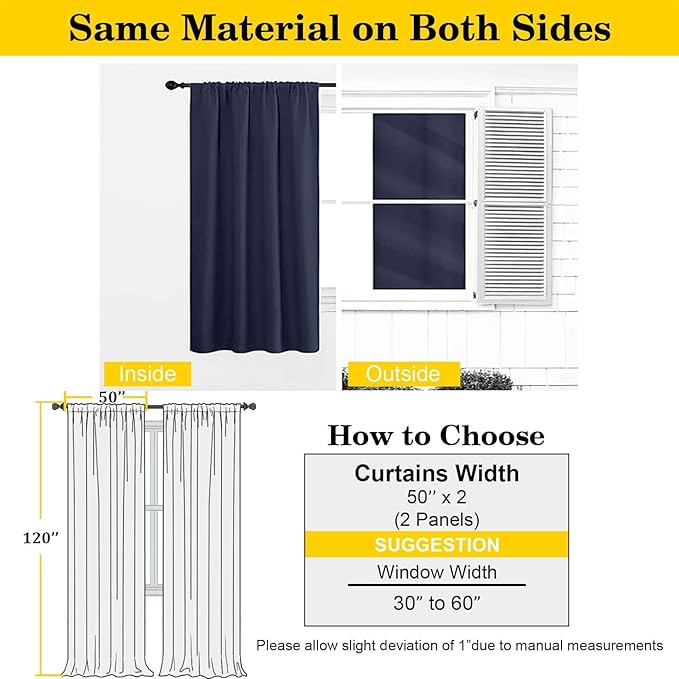 Extra Long Navy Blue Blackout Curtains for Bedroom Living Room 120 Inches Long 2 Panels, Soft Solid Room Darkening Thermal Insulated Window Treatments, Rod Pocket Curtain, 50" Wx120 L