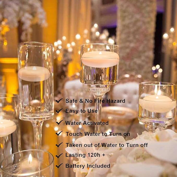 Aignis 24pcs LED Flameless Floating Candles, Burning Time Over 120 Hours, 3 Inch Plastic Battery Operated Tealights, Cozy White Light for Pool/Bathtub/Hot Bath/Wedding Centerpiece Decor Décor