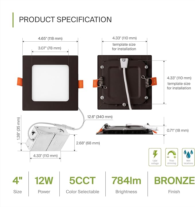 ASD 12 Pack LED Square Recessed Lighting 4 Inch, 5 CCT 2700K-5000K, 12W 50W Eqv, Ultra Thin Dimmable Ceiling Lights with J Box, Canless Wafer Downlight, Slim Panel, UL Energy Star, Oil-Rubbed Bronze