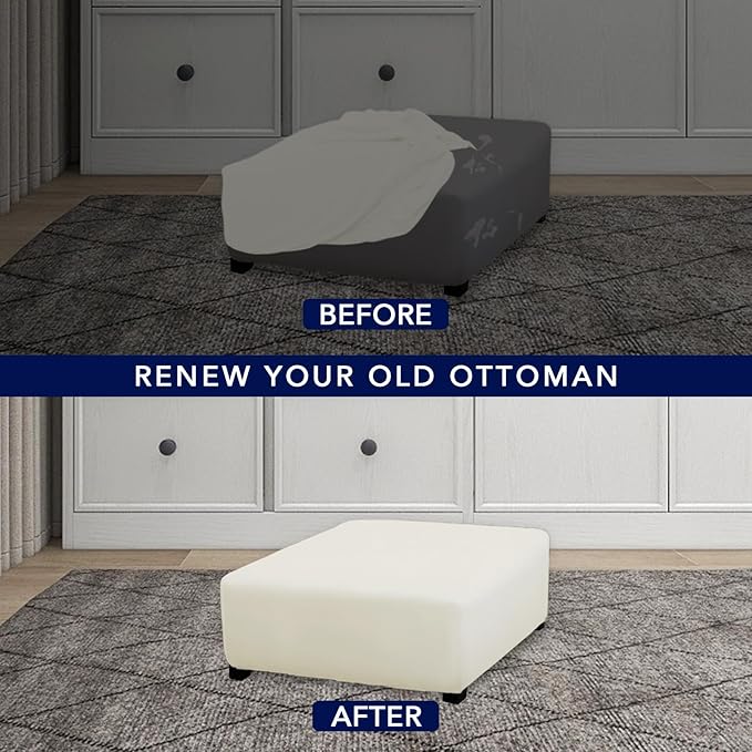 PureFit Super Stretch Form Fit Square Ottoman Cover Rectangle - Ottoman Slipcovers for Foot Stool & Folding Storage Furniture for Living Room with Nonslip Elastic Bottom (Medium-XL, Ivory)