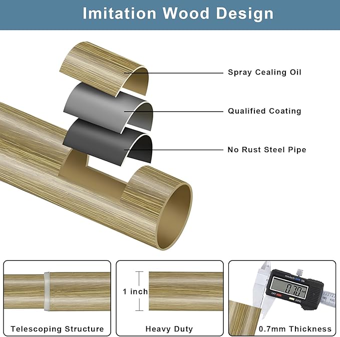 Oak Wood Grain Window Rods, Double Curtain Rod 36-72” Telescoping Length 1Inch Diameter Front Poles and 5/8Inch Diameter Back Poles
