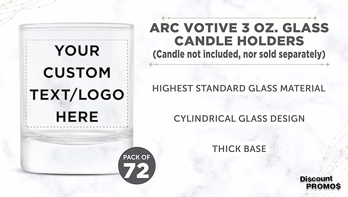 DISCOUNT PROMOS Custom Arc Votive Candle Holders 3 oz. Set of 72, Personalized Bulk Pack - Thick Base, Perfect for Wedding, Anniversary and Party Favors - Clear Bottom